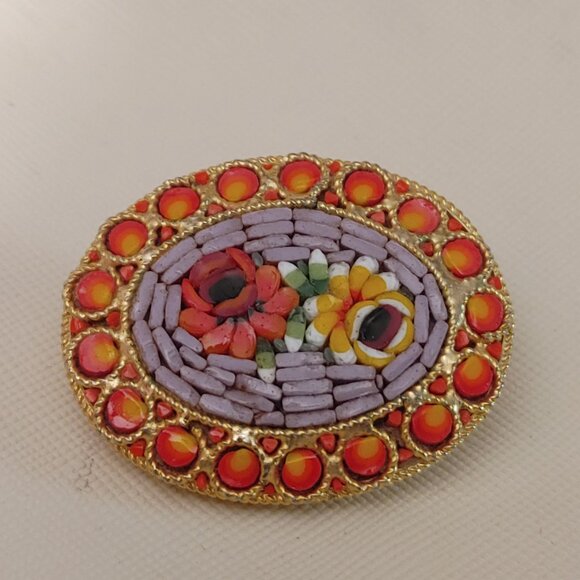 Vtg Italian Micro Mosaic Floral Oval Brooch Red Yellow Accents Gold Tone Pin - Picture 4 of 13